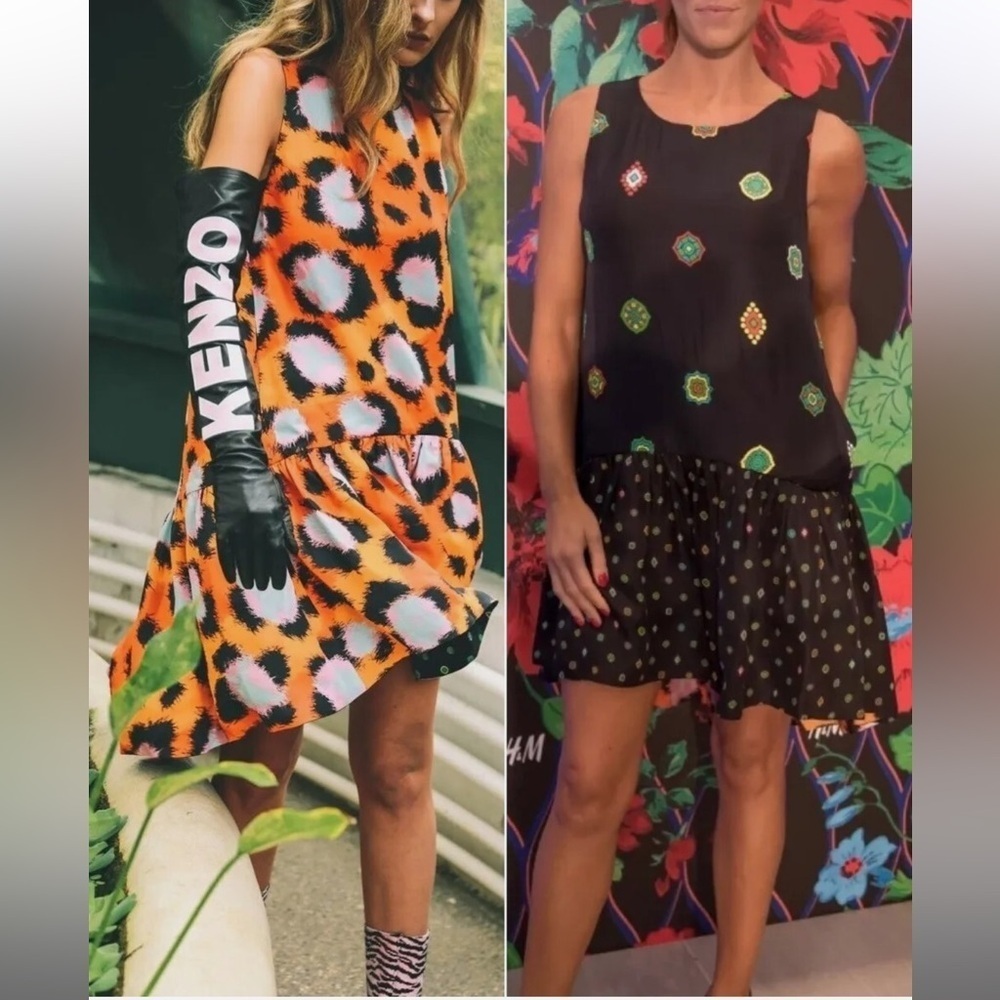 KENZO x HEM REVERSIBLE RUNWAY LEOPARD GEO PRINT SILK TUNIC SWING HIGH LOW DRESS